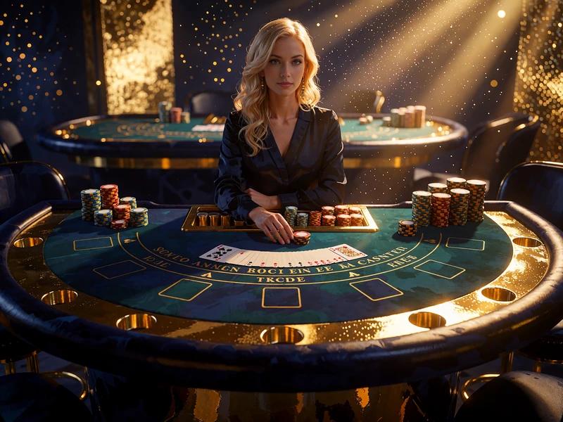 Krupierka przy p&oacute;łokrągłym stole do blackjacka z kartami i żetonami w studiu live Golisimo Casino