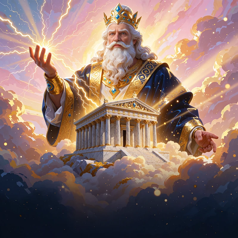 Brodaty b&oacute;g nieba nad marmurową świątynią wśr&oacute;d r&oacute;żowych chmur - ilustracja slotu Gates of Olympus