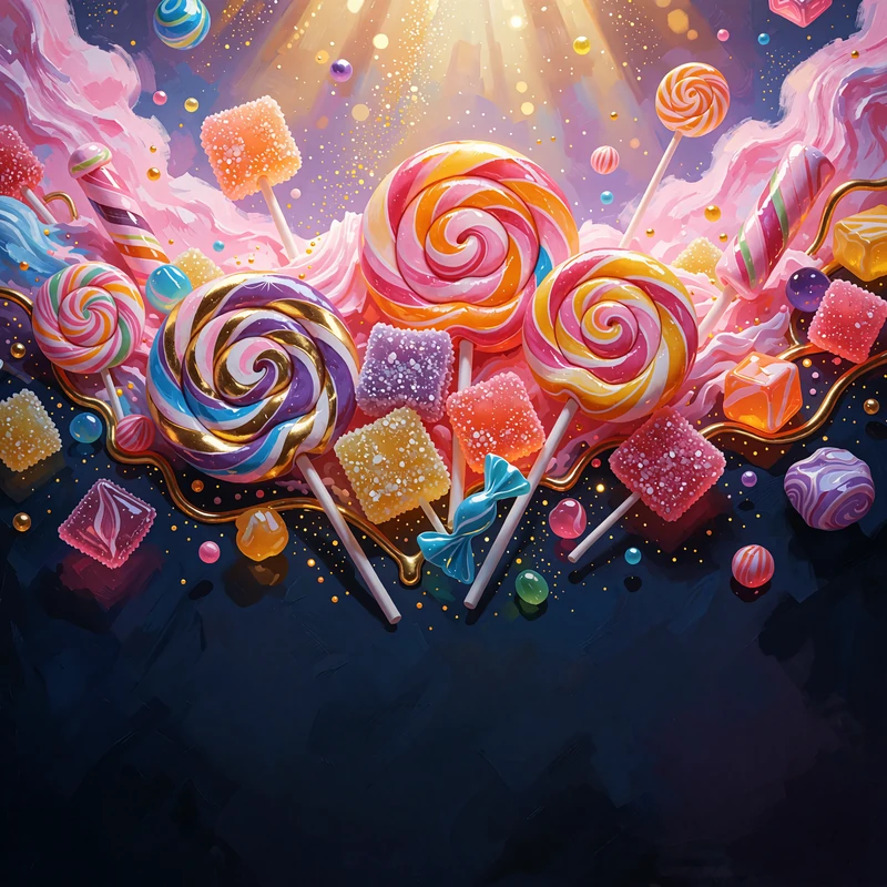 Lizaki, żelki i kolorowe cukierki unoszące się na pastelowym niebie - grafika slotu Sugar Rush 1000