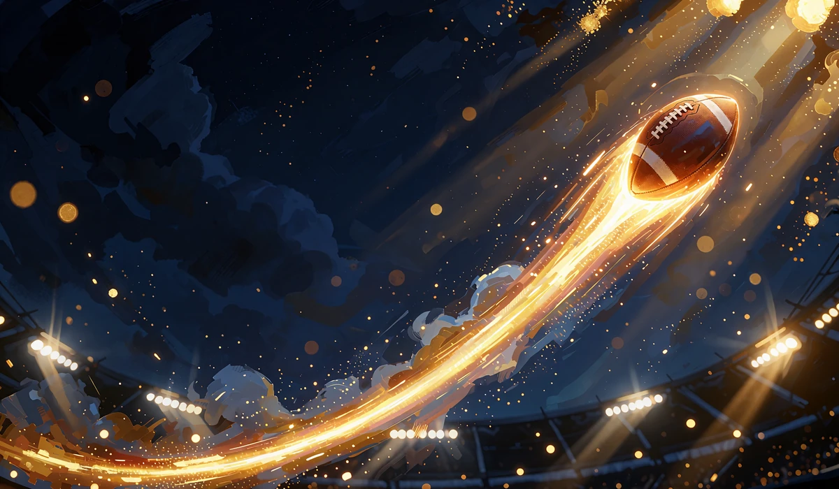 Świecąca piłka nożna pędząca w g&oacute;rę po złotym śladzie światła nad nocnym stadionem - ilustracja gier crash